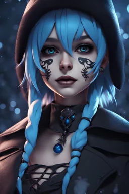 Close-up Portrait of a girl, skeleton face like night before Xmas, blue hair, 8k, 3d anime, goth