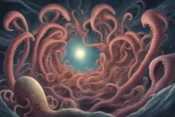 View into an event horizon in space with many enormous strange tentacled creatures with huge eyes and mouths flying around