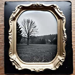 Daguerrotype frame old landscape odd creepy grey obsessive nostalgia weird old postcard landscape, cespugli, rovi, sfocato, sentiero, osceno, dettagli della cornice molto accentuati, polvere, creepy The Ring