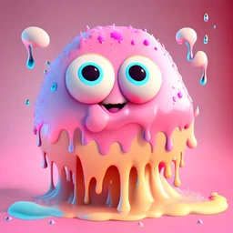 A large blob jelly like, whimsical dripping, slimy & gooey ((pink blob monster) playful scary, ice cream colourful, 3d render, maya, highly detailed, Z brush, cgi, (Pixar 3D art) jellylike, wobbly texture, big white eyes, fun yet scary, slime ball, smooth, super cute, animated hyper realism, long wobbly arms, funny feet, ((blob)), quirky, funny feet, (pop surrealism), modular constructivism, genetically altered tomato with jello like body, big eyes, smiling, salivating, shiny,