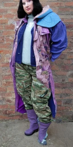 Young fleshy woman. thick thighs, average body type. Mantle is sewed of recycled Denim and sewed together of camouflage pieces. Camouflage colors are terracotta, cream and purple, lilac. Cream latex gaiter. Yellow(Munsell)!hint of orange as effect color!!Big bright purple/khaki felt tippet and cream or blue or lilac colored-hood. mantle is merged with satchel. . AKG-style headphones (gold rings!) is merged with small felt cap with small visor. Style: Haute Couture in 1936, Paris fashion in 2023.