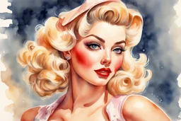 Pin-up, blonde, watercolor, fine rendering, high detail, 8K,