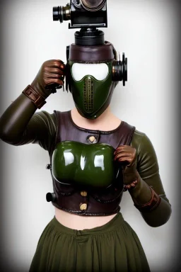 Steam-punk style random-mask. Large fencing mask covers cheeks. Trim girls. Reflective white plastic skin. Camera lenses as eyes. Head full of integrated old-fashioned cameras. Army green surfaces body, latex. Perfect body, thick thighs and calves. Asa Akira. SElfie with old-fashioned cameras in both hands. Wide hip, skirt bleats nicely. Camera at mons veneris. Partly symmetrical. Black wide leather belt with camera. Euclidean 3D-tiling walls. surrealistic atmospher