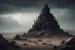 dark creepy fantasy mausoleum in the distance on top a large barren rocky hill