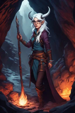 A Dnd Tiefling with a long tail and small horns in a dark cave. A female archeologist with white hair, wearing glasses, in adventurer's clothes. Cunning, beautiful, cool.