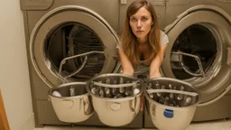 very confused young woman puts 8 metal spoons inside the household dryer