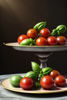 Italian Renaissance style still life consisting of a plate of ravioli with natural cherry tomato and basil accompanied by olives, moisture ambient, natural ornaments, ceramic, marble, high kitchen, smooth, god rays, unreal engine 5, ray tracing, RTX, lumen lighting, ultra detail, volumetric lighting, 3d.