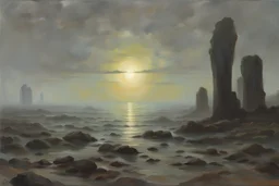 Grey sky with one exoplanet in the horizon, rocks, mountains, 80's sci-fi movies influence, friedrich eckenfelder and emile claus impressionism paintings