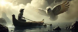 earth elementals, depth of field, volume light, fog, a fluffy quickling egyptian bald hat looks like the opposite of a vampire in bunad leaning on statue of twister interdimensional sci fi boat with oars that looks like wings gliding through space waters under the biggest owl