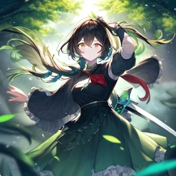 Clear focus, High resolution, Rough line, Clear focus, High resolution, Rough line, brown short hair with long locks fluffy, floating hair, glowing eyes, holding a sword, wearing a green leaf in her hair, wearing dark green skirt with a white line, wearing a red bow and a black sleevless shirt, cut frilled sleeve at top, sleeve have a ribbion at the end, wearing black fingerless gloves, anime screencap