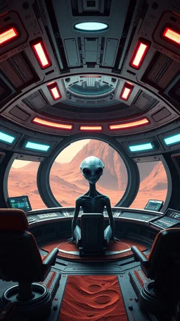 An alien sitting behind inside A spectacular interior inside a ufo spaceship with a control center with futuristic architecture on the planet Mars, using the Dune color palette, Photo realistic