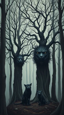 trees and black creatures with human faces