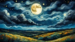 landscape, dark night, fullmoon and stars, over many clouds, clouds, beautiful artwork, vibrant colors, 4k, high quality, high detailed, whiteness background. van gogh influence
