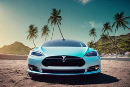 A Tesla 'Model S' is racing at top speed, at the beach of Waikiki in Hawaii. CINEMATIC. WIDE ANGLE LENS. PHOTO REAL.