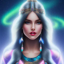 beautiful woman with long hair and smile look the stars and northern aurora blue turquoise lights, blue, pink,