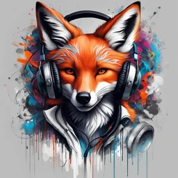 Illustrative sketch of a humanoid fox in music with headphones, ultra quality, hyper detailed, graffiti, concept art, maximalism, 8k