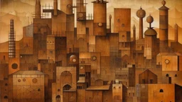 A brownish bronze steampunk city painted by Paul Klee