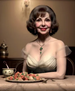 Ultra realistic photographic portrait, happy Gina Lollobrigida woman sitting with arms resting on Italian kitchen table, ravioli dish, renaissance style decoration, soft color, highly detailed, unreal engine 5, ray tracing, RTX, lumen lighting, ultra detail, volumetric lighting, high definition.