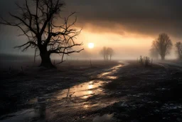 a dirty iced road next to a tree on a foggy day, depressive moody sunset background, dry tree branches scattered in mud, dark swamp, snowy land, doom and gloom, grey clouds, snow dawn, snowy landscape, dramatic matte painting, melancholic mood