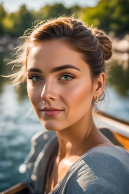 a portrait of beautiful French traveler sits on the boat in the river, top bun hair, pointing looking camera tilt chin down ever so slightly, illuminated by a brilliant vivid morning, sharp on focus, natural skin, perfect detailed face and eyes, intricately detailed, photorealistic, medium shot, cinematic, dept of field, Canon EOS 5R, 50mm lens, by paolo roversi, HDR, RAW, ultraHD 8K, cinema 4d, octane render, stock photos