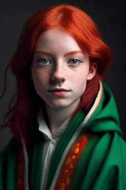 A girl with red hair and green eyes and she is wearing a Hogwarts robe