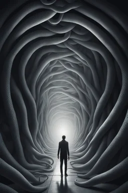 A surreal scene a tunnel-like structure filled with intertwined gray snakes heads , The tunnel is lined with countless writhing aliens bodies, creating a chaotic and nightmarish atmosphere. At the end of the tunnel, a solitary figure walks towards a distant light source, casting a glow that illuminates the scene. The overall color palette is muted with shades enhancing the ominous and unsettling mood. The level of detai