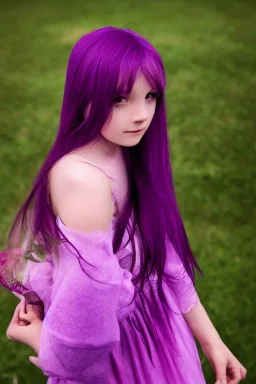 cutepurple haired human girl with bright green eyes wearing a purple/pink dress