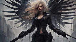 biomechanical women, beautiful, cyberpunk, dusty blonde, short square, large biomechanical black wings, sword, cybernetic, dynamic pose, rain, wind, ashes, flashes of fiery threads, sketch art, fine lines, grunge, sensual, darkness, dark colors, by Raymond Swanland & Alyssa Monks & Anna Razumovskaya