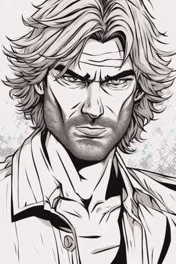 man with scruffy hair, stubble and a judgmental look on his face comic book style