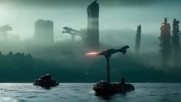 ((high contrast)), ((dystopian)), towering mechs and giant alien ships loom over a devastated cityscape, as human resistance fighters armed with energy weapons mount a last-ditch effort to repel the invasion,A wooden boat floating serenely on a crystal clear lake surrounded by snow-capped mountains , with a single fisherman sitting calmly in the center, his line cast towards the distant shore. The sun sets behind him, casting a warm orange glow on the surface of the water and the surrounding sno