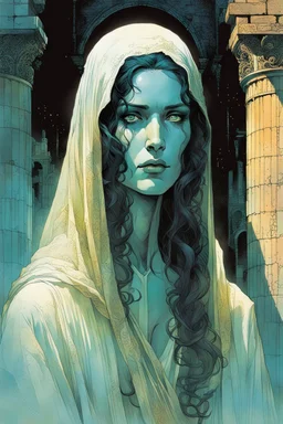 create an imaginative print illustration of the pale translucent ghost of an ancient female Oracle, Pythia clothed in ragged ornate Grecian robes, with finely detailed hair and feminine facial features, in the ruined city of the dead , in the comic book art style of Bill Sienkiewicz, Mike Mignola, and Jean Giraud Moebius, finely textured, drawn, colored, and inked, suffused with dark foreboding shadows