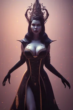 Amy Dumas as evil queen in black leather gown, evil, busty, cleavage, curvy, angry, stern look. character design by cory loftis, fenghua zhong, ryohei hase, ismail inceoglu and ruan jia. unreal engine 5, artistic lighting, highly detailed, photorealistic, fantasy