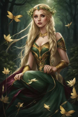 Dark green hair,rapunzel hair,very long hair,ivy,lillies of the valley,dark green,burgundy,golden armor,night,dragonflies,sparkle,elven crown,elven ears,gold