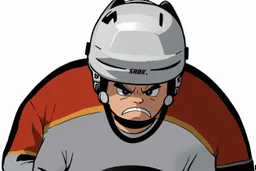 Calvin and Hobbs cartoon of an angry Calvin pouting with head down wearing a hockey helmet, line art cartoon