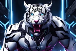 Cyber Machine venom in 8k anime realistic drawing style, white tiger them, neon effect, close picture, snow, black wings, apocalypse, intricate details, highly detailed, high details, detailed portrait, masterpiece,ultra detailed, ultra quality