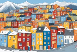 Colorful, compact houses covered the surrounding landscape – bold reds, blues and mustard yellows, offset by duller greys and the small cluster of buildings that marked the city’s center. And behind the small city dramatic mountains, steep and snow-capped. The sun glinted off their icy edges, by artist "Kate Lycett"