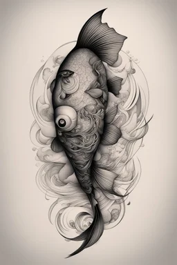 Create a captivating modern 2d ink tattoo design for print , prestigious Sacred Fish using the elegant influences of japan art style, for print, dynamic elements from fashion and design, and bold Japanese contemporary art aesthetics, framing centered in the center, distanced from the edges of the paper perimeter, perfect anatomy, bauhaus, Divine Proportion,
