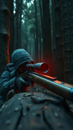 Bosch painting style nightmare , 3D , sniper hidden in wood background, high Quality picture , 8k