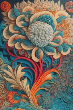 Tapestry titled "morphic resonance" made out of knotted macrame with intricately detailed quilling consisting of flowers, foliage, feathers, leather, and gemstones; optical art; symbolism, precisionism, MC Escher, intricately detailed, elegant, colorful, attractive, evocative