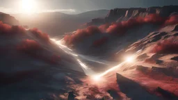 light reflections 3D cinema 4D redshift ray of light, landscape, from top of a ravine, destruction, vertigo