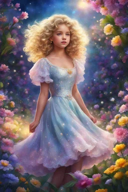 A girl with curly blonde hair and angelic eyes danced in the night amidst the colorful blooms of spring flowers, her pearl princess dress sparkling in the evening air, dispelling gloom with her beauty and grace. highly detailed, digital painting, beautiful, adorable digital painting, high quality, 4k