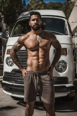 half figure photography of a 33 year old beefy burly latino , shirtless, bulging shorts, leaning with his back to his van, hands on the fap, big shoulders, hairy chest, tattoo, very virile, short beard, short hair, side light, in a sunny street, photorealistic