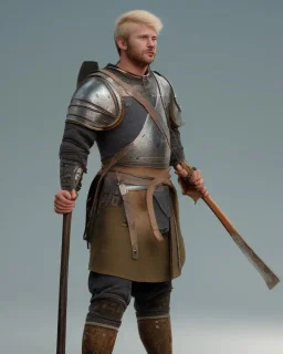 strong medieval warrior with short blond hair, blue eyes and wide warm smile with an axe wearing green and brown clothes