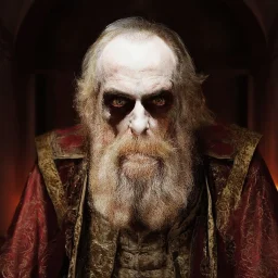 very grainy discolored modern photo, closeup portrait, dark ancient hall with no lights, grunge, extremely old male with chalk-white skin wearing old dashing and opulent gilded clothes, threatening, imposing, ventru