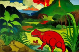 A red dinosaur volcano painted by Paul Gauguin