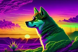 marijuana doge watching trippy green and purple sunset