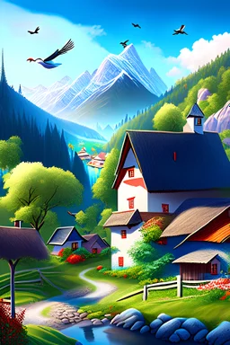 Beautiful village, houses, Mountains, trees, birds, beautiful,3d illustration.