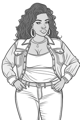 black curvy woman wearing jeans, eyes front camera coloring page