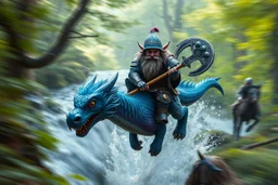 oil painting ,motion blur portrait of harpy - Forgotten Realms dodging cyberpunk armored dwarf with war half moon axe hammer riding tiny furry blue and purple dragon above water and along winding branches in lush green forest along speeding horses , bokeh like f/0.8, tilt-shift lens 8k, high detail, smooth render, down-light, unreal engine, prize winning