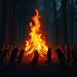 a large bonfire with its flames rising high in a clearing, around the bonfire siluette of many anthropomorphic wolf-humans of different ages, sizes and colors are crying, dancing, singing or just watching the flames. around them in the background dark trees with huge trunks, rainy day, high contrast, high detail, atmospheric, dark fantasy, sci-fi atmosphere, cinematic